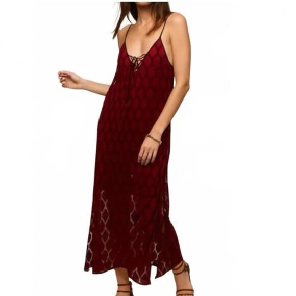Band Of The Free Dresses & Skirts - BAND OF THE FREE BURGUNDY MERLOT LILA V-NECK BOHO SPLIT MIDI DRESS SIZE XS NWT